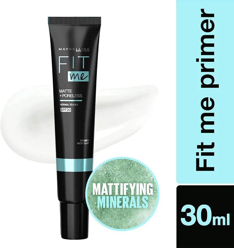 Maybelline New York Primer, Oils Absorbing, Moisturises and Smooths Skin, Long-lasting, Fit Me Matte + Poreless Finish, 30ml