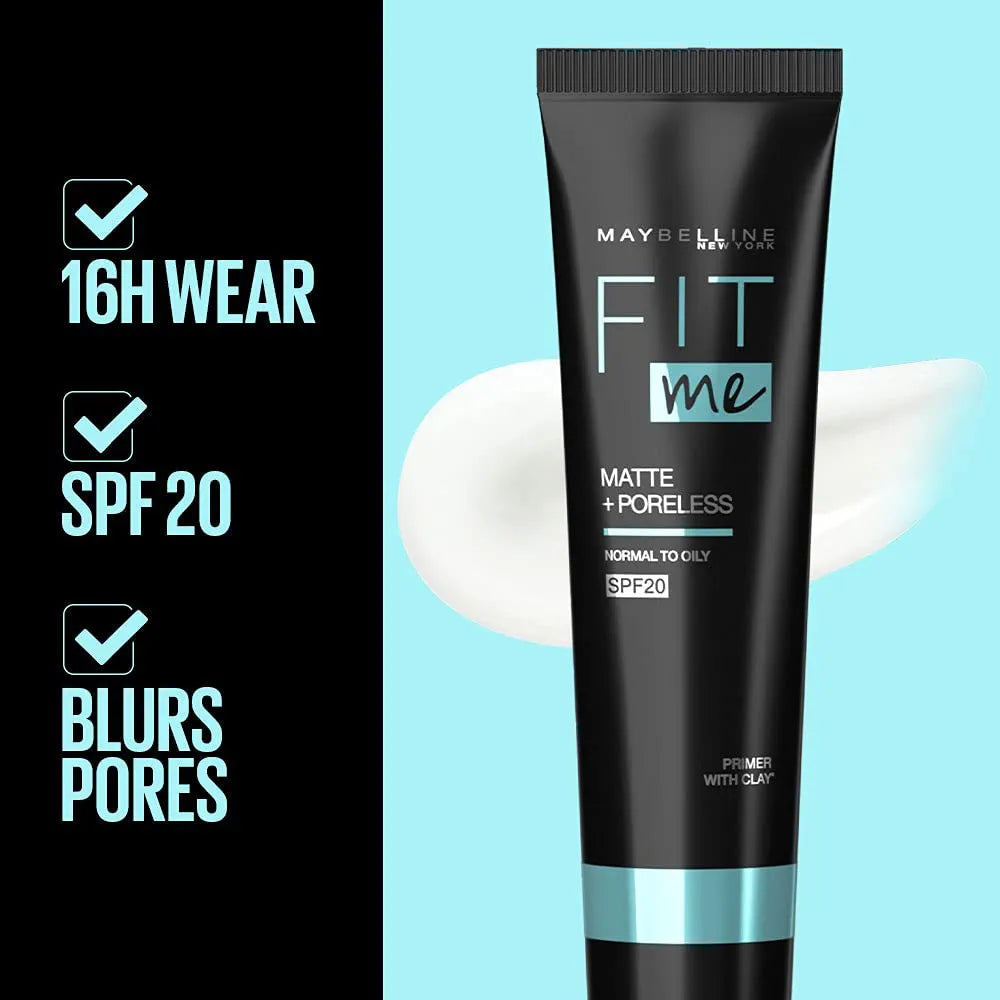 Maybelline New York Primer, Oils Absorbing, Moisturises and Smooths Skin, Long-lasting, Fit Me Matte + Poreless Finish, 30ml