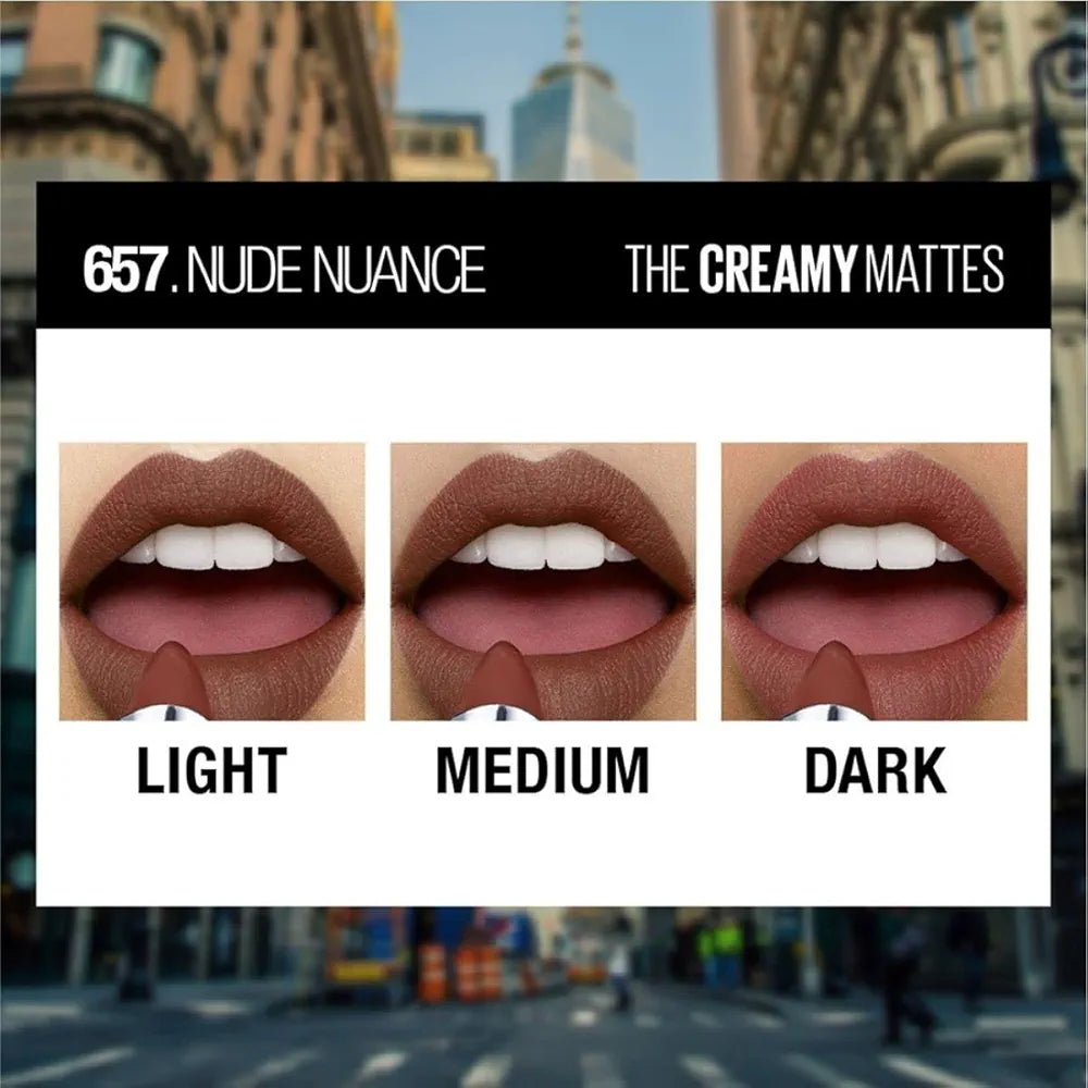 Maybelline New York Color Sensational Creamy Matte Lipstick lasts up to 12 Hours, Hydrate Lips, Rich Creamy Lipstick with Shea Butter, Available in 42 Shades - 657 Nude Nuance, 3.9g
