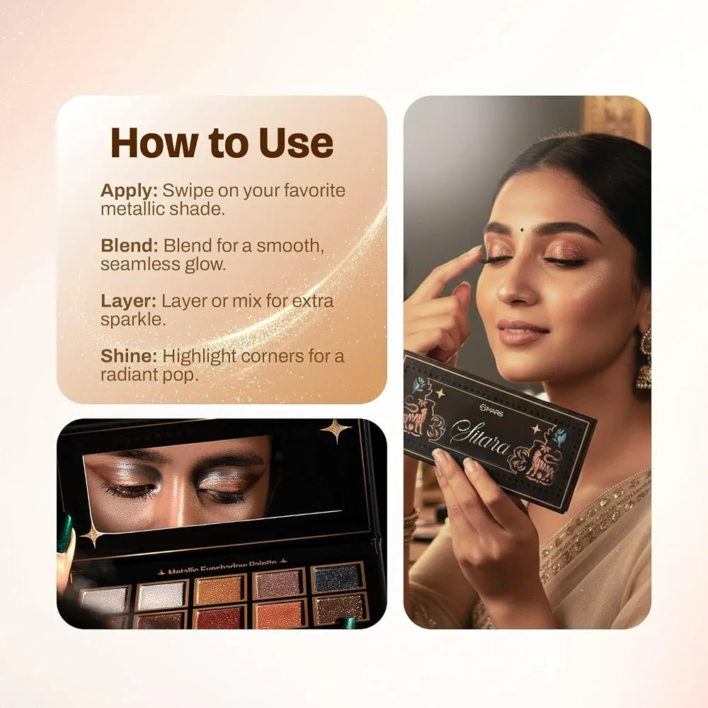 MARS Sitara Metallic Eyeshadow Palette with Attached Mirror  | Long-Lasting Shimmer Finish | Buttery-Smooth | Intense Pigmentation | Blendable & High Shine | Travel-Friendly