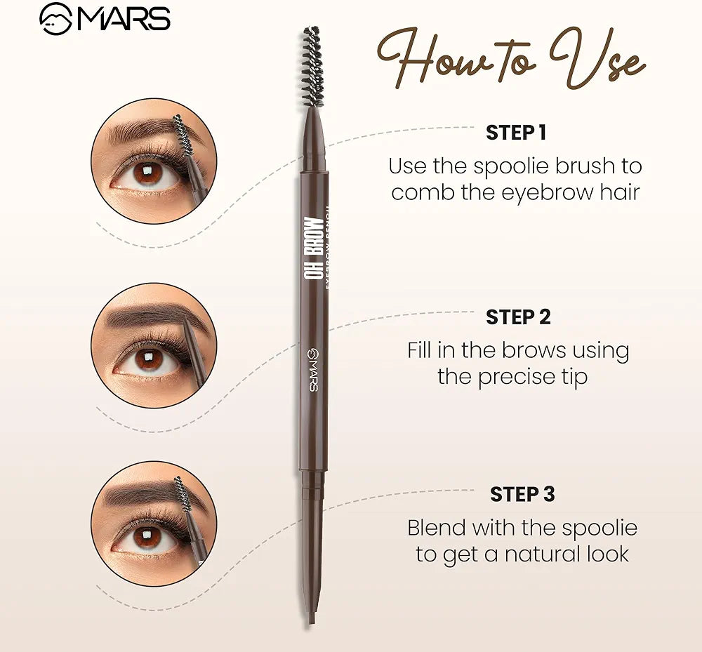 MARS OH Brow Eyebrow Pencil | Micro Precision Retractable with a Spoolie | Highly Pigmented | Smudge Proof & Water Resistance | Long-Lasting | Lightweight Eyebrow Pencil  