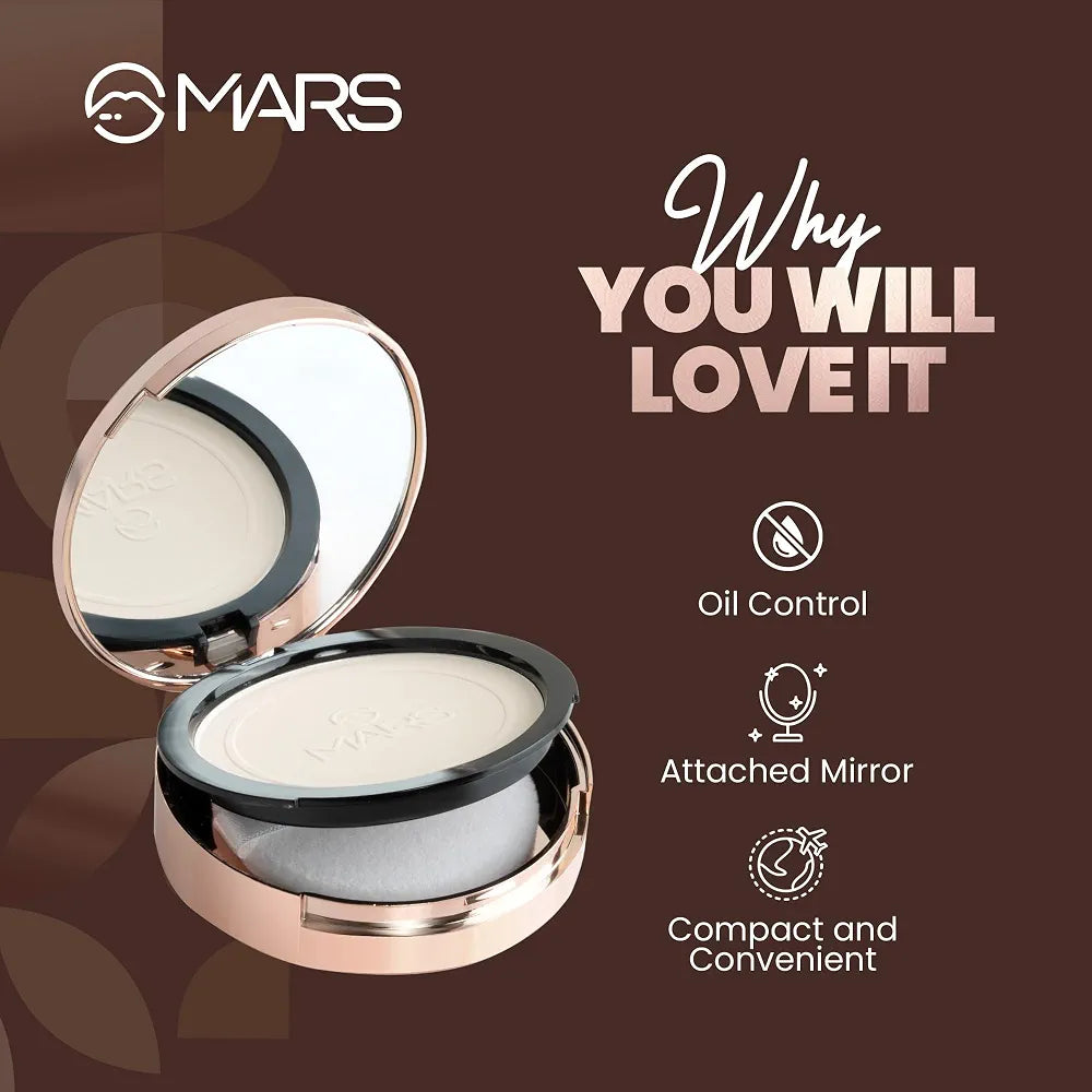 MARS Matte On Compact Powder with Applicator Puff | Flawless Matte Finish for Face Makeup | Absorbs Oil, Conceals, and Blurs Pores | Long-Lasting & Lightweight Formula |  