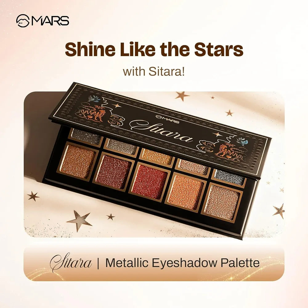 MARS Sitara Metallic Eyeshadow Palette with Attached Mirror  | Long-Lasting Shimmer Finish | Buttery-Smooth | Intense Pigmentation | Blendable & High Shine | Travel-Friendly