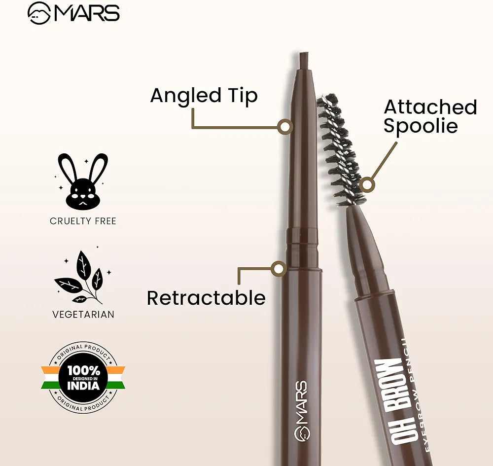 MARS OH Brow Eyebrow Pencil | Micro Precision Retractable with a Spoolie | Highly Pigmented | Smudge Proof & Water Resistance | Long-Lasting | Lightweight Eyebrow Pencil  